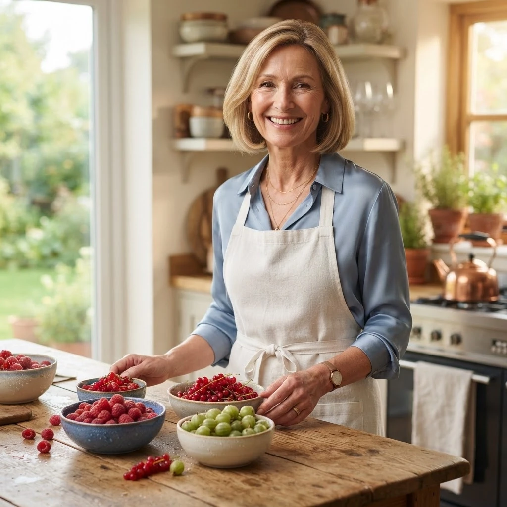 Photorealistic cinematic portrait of a graceful woman in her 50s with elegant blonde shoulder-length bob haircut. She is standing in a bright, sun-drenched modern kitchen with…