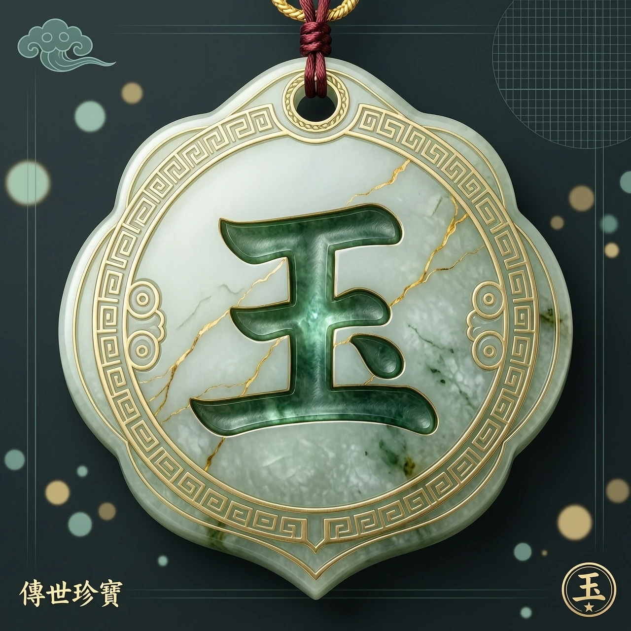 Create a video logo with the Chinese character 玉 (yù) prominently displayed in the center. The background is a detailed, stylized jade pendant in traditional Chinese design. Use…