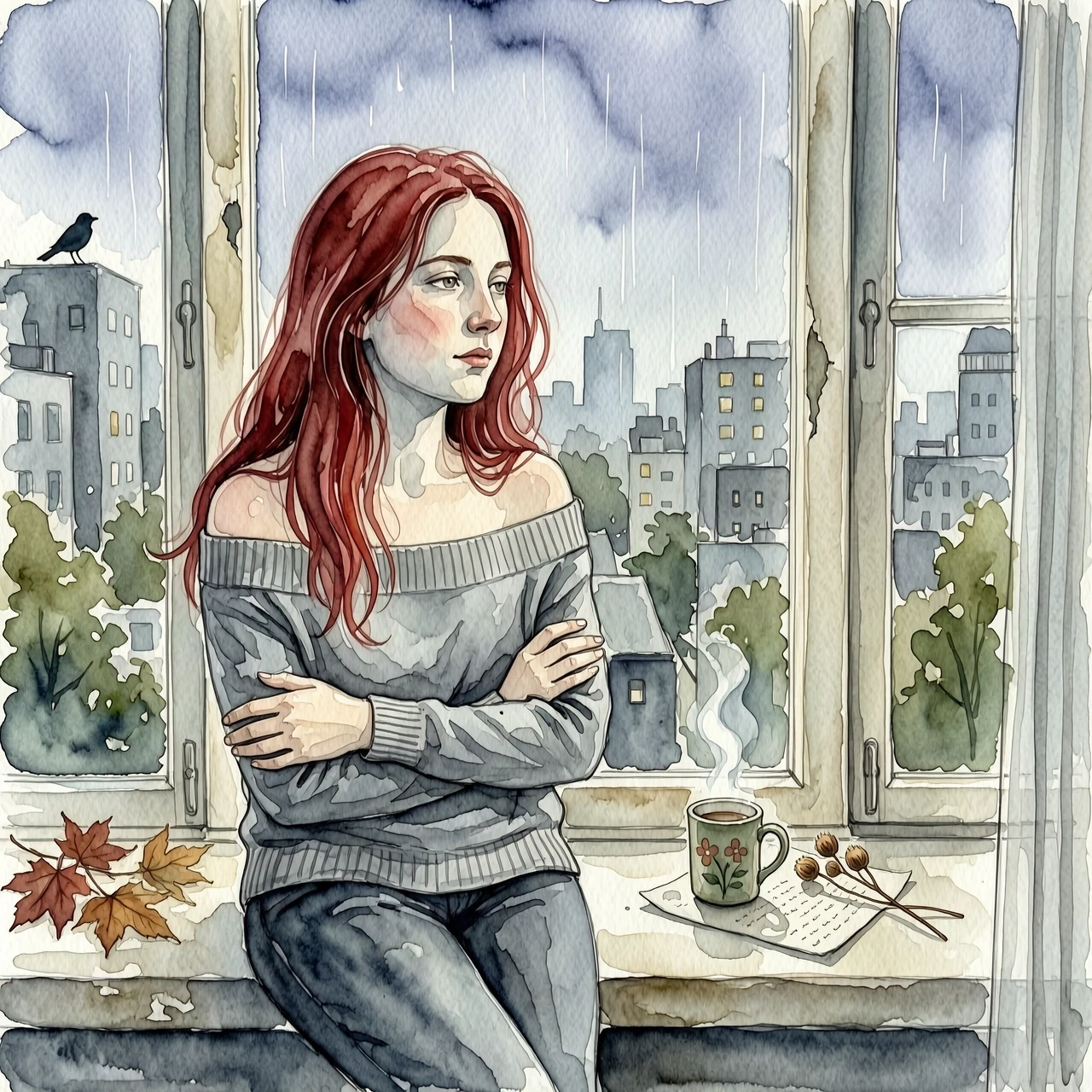 The image is a portrait of a young woman with long red hair. She is sitting on a window sill, looking out with a thoughtful expression on her face. The woman is wearing a gray…