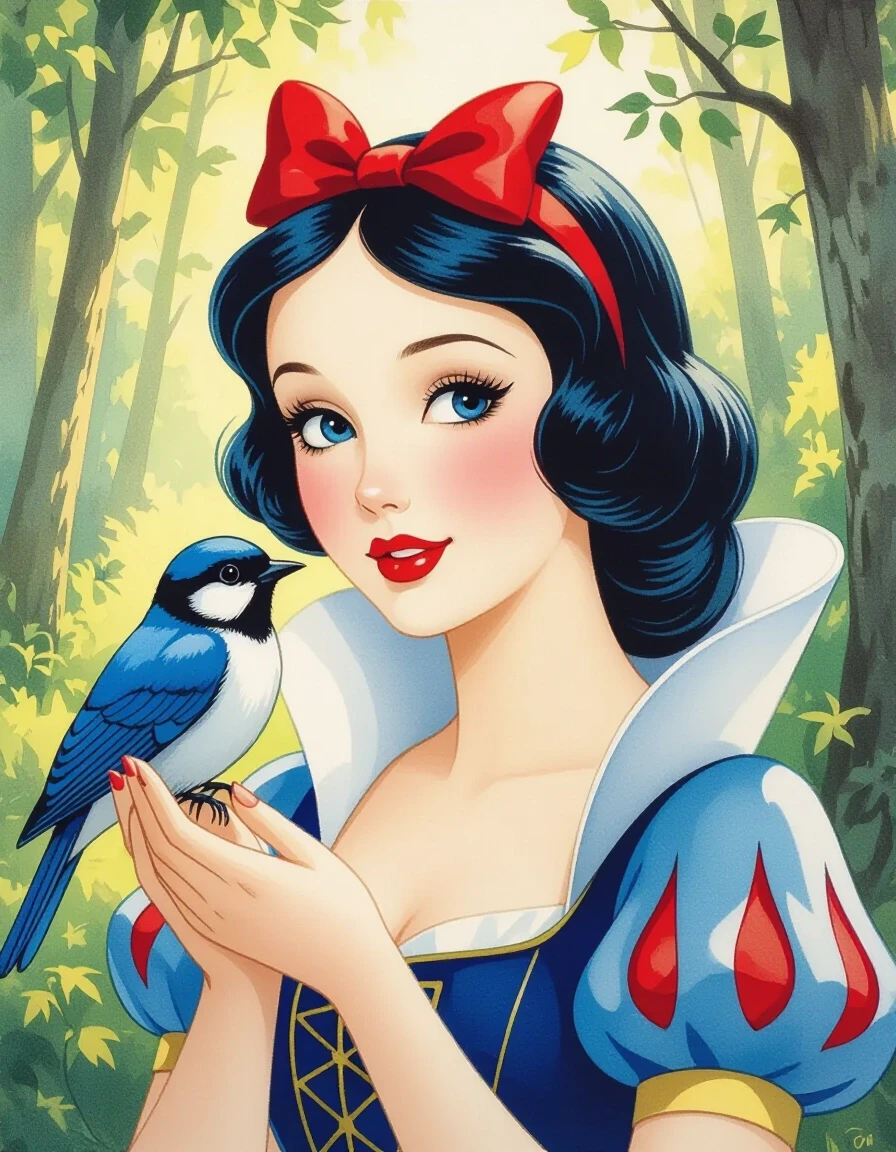 A masterpiece. Creating an image. The style is watercolor painting. Delicate watercolor on raw material.((Snow white with white delicate skin, expressive eyes, clear facial…