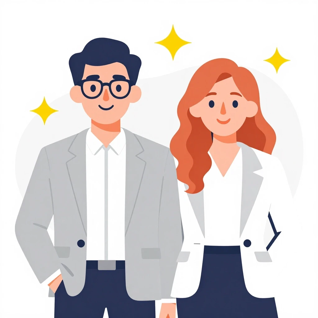 Modern flat vector illustration. Two young professionals depicted from the waist up, standing shoulder to shoulder (a young man and a woman). The man has dark brown hair and…