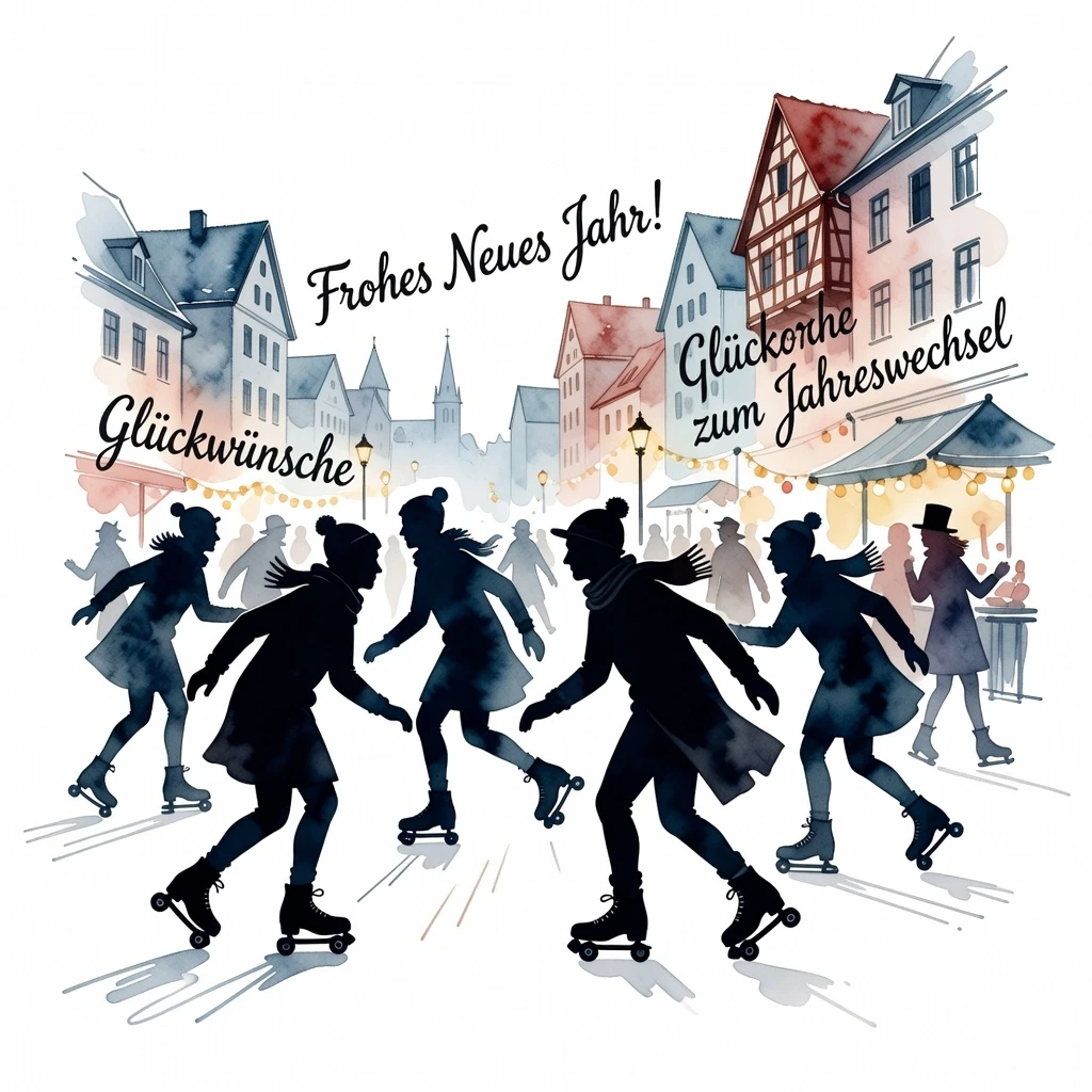 Create a watercolor urban sketch: watercolor ink in the style of Jan Kont + cartoon, people on skates, in the style of New Year's German postcards. Silhouette. On a white…