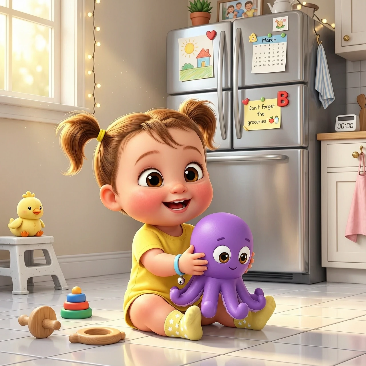 3D animation Pixar style. A gorgeous 10-month-old baby girl who looks exactly like the photo. She has huge, expressive, beautiful round dark eyes, and light brown hair tied into…
