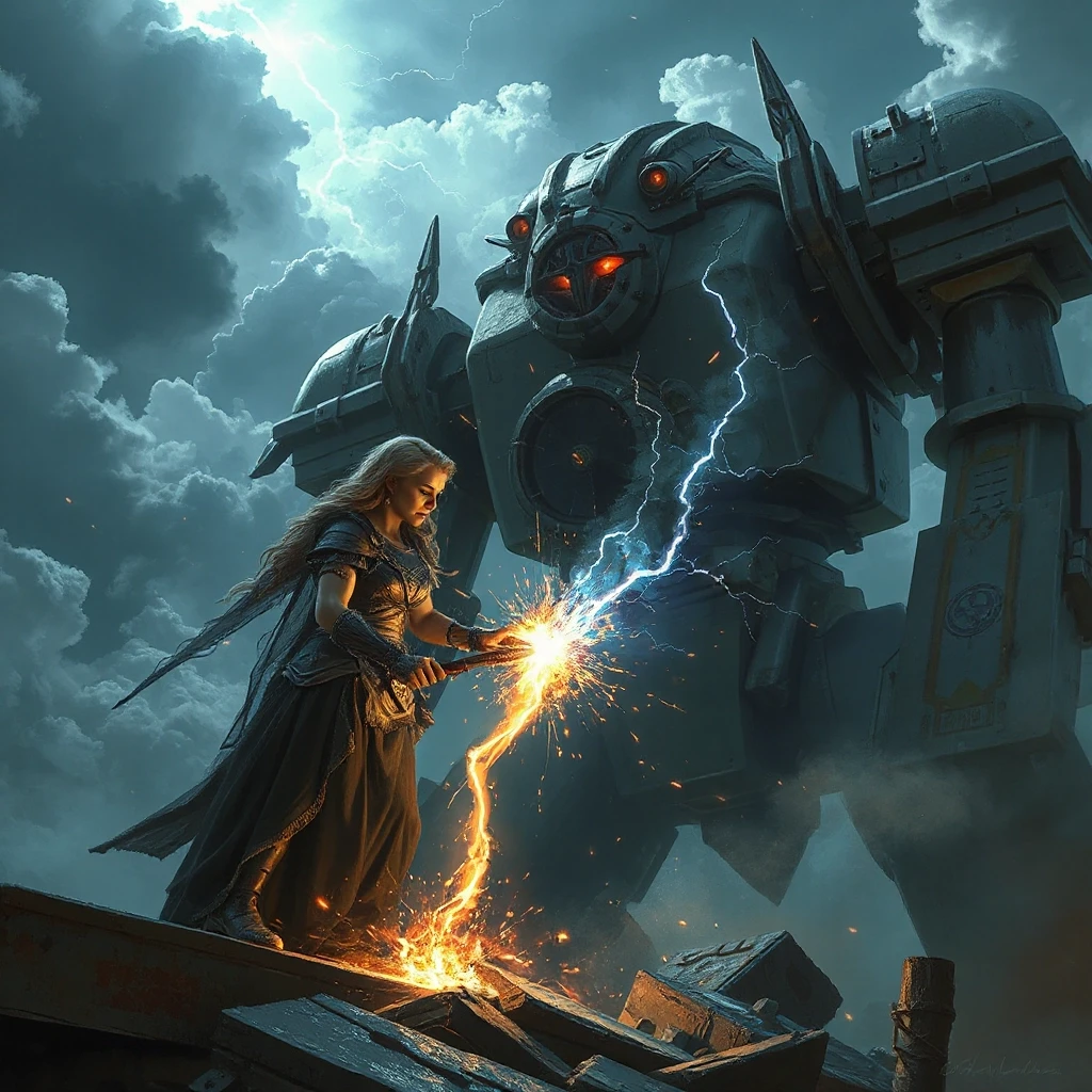 digital painting of a valkyrie, fantasy art by Greg Rutkowski and Anna Podedworna. She is using a magic welding torch that shoots lightning, repairing a giant runic mech. Epic…