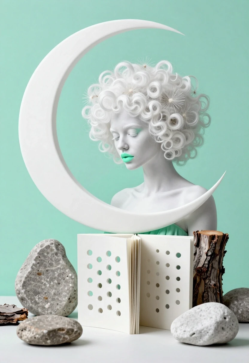 Description: Photorealistic detailed concept art in a minimalist style, various textures, stone and bark, aesthetic, attractive white albino woman looking down, mint lips,…