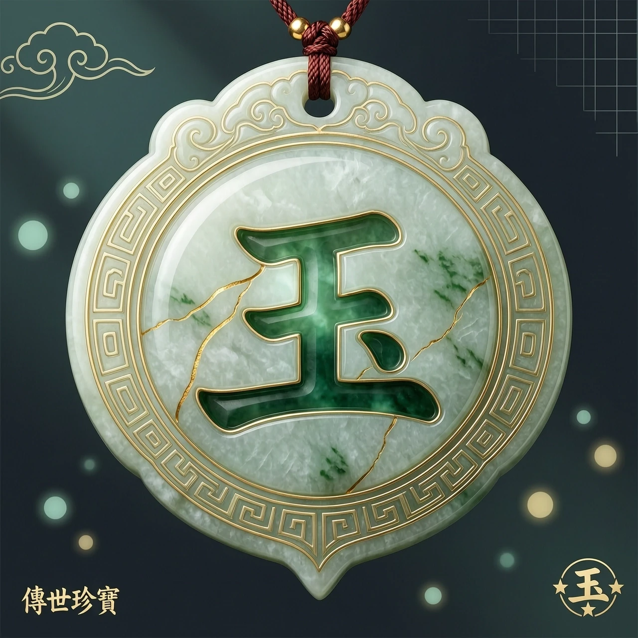 Create a video logo with the Chinese character 玉 (yù) prominently displayed in the center. The background is a detailed, stylized jade pendant in traditional Chinese design. Use…