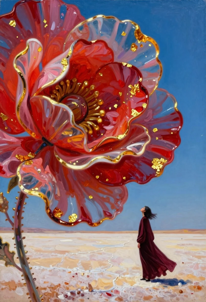 a solitary small human figure in a long flowing dark burgundy robe stands on a pale desert salt flat in the lower right of the frame, head tilted upward in awe, dwarfed by…