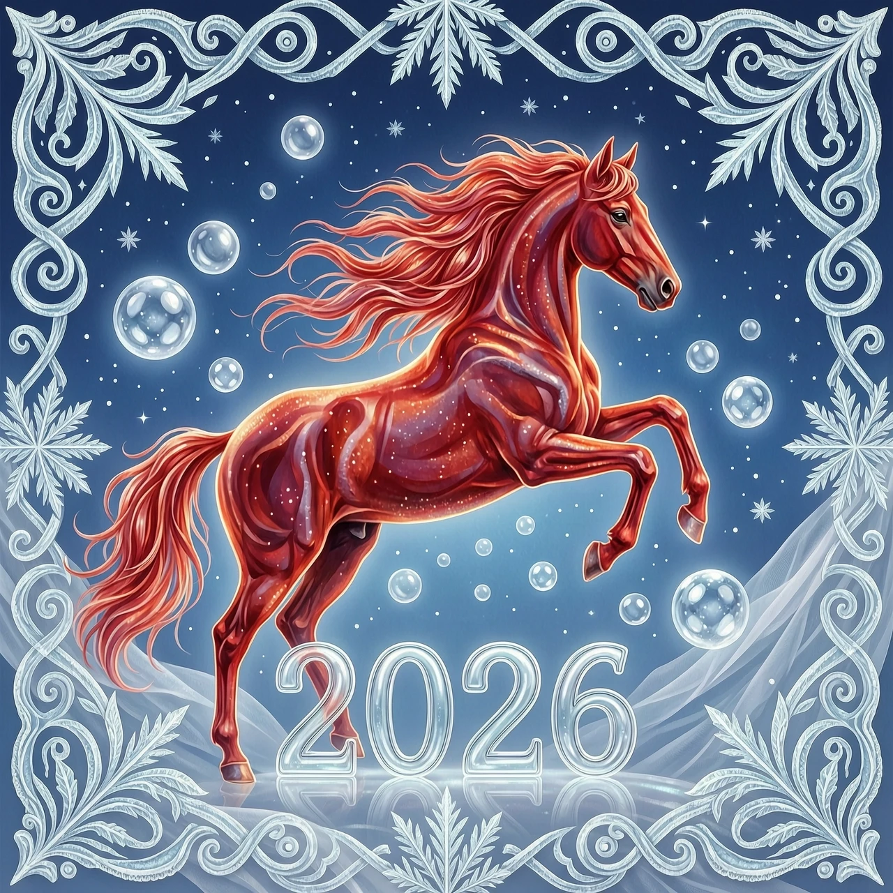 In the double exposure style. An ephemeral mythical creature in the form of a beautiful scarlet fiery horse with a long wavy mane collects the word "2026" from glass…