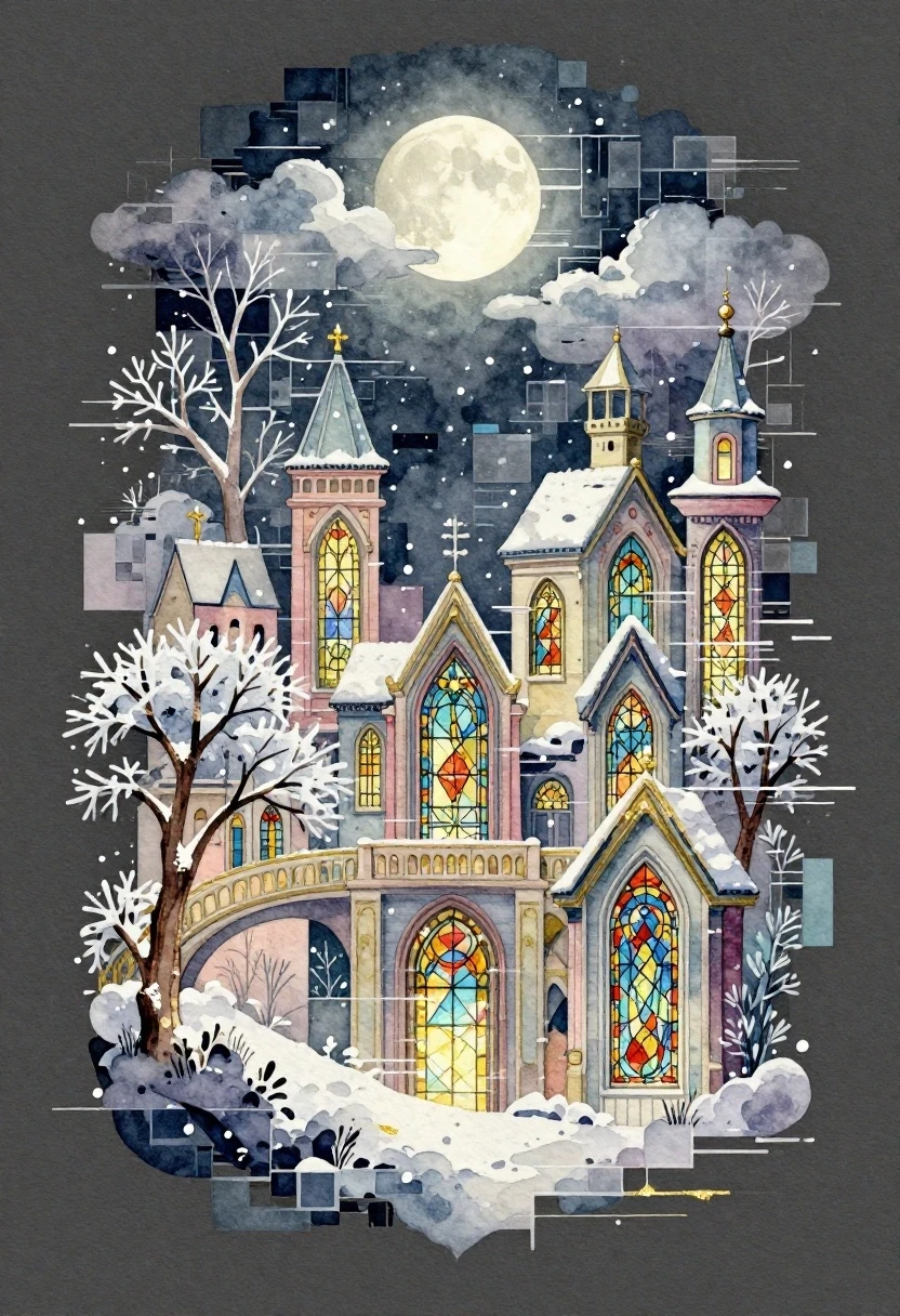 A watercolor painting is a logo or tattoo on a dark gray background with a gradient. Art deco. Vertical composition with an expressive glitch effect. The visible texture of…
