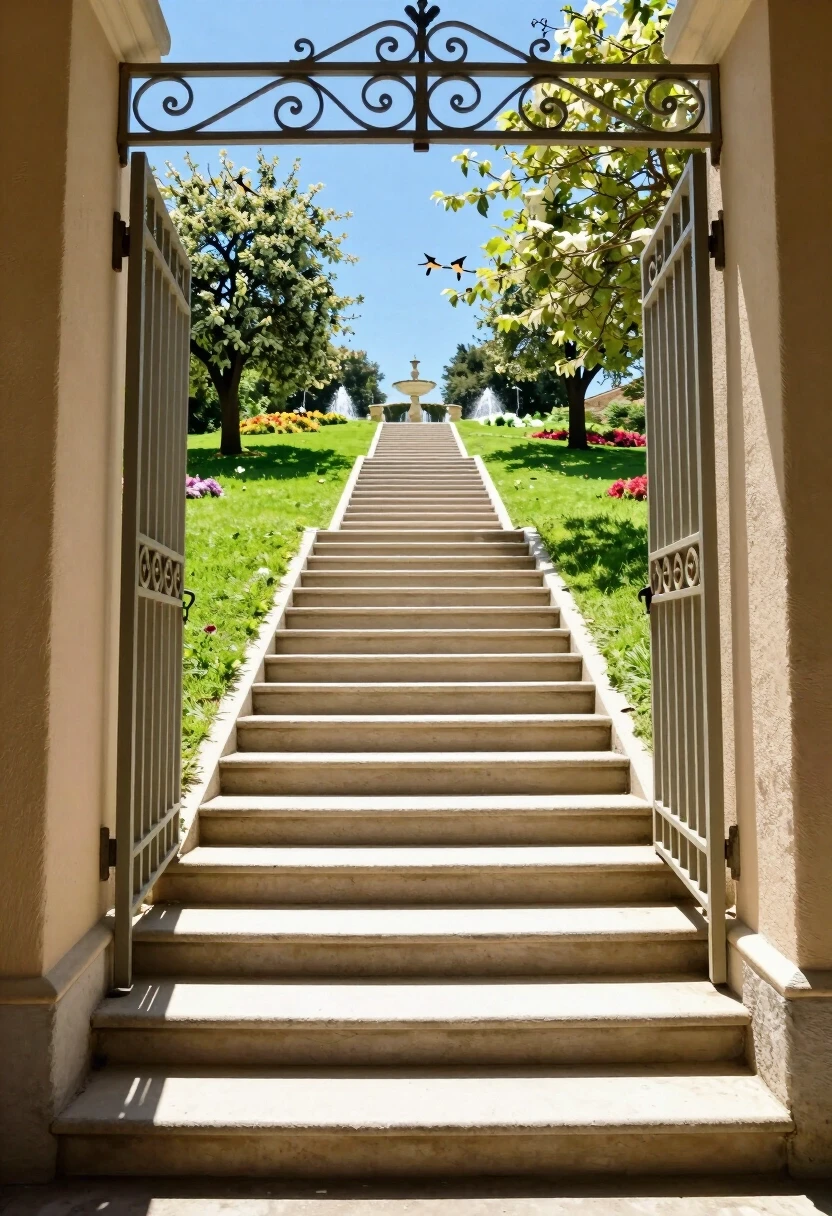A long, light-colored staircase ascends upwards, into the distance, narrowing. At the top, the staircase abuts a light-colored, wrought-iron gate. Light streams from behind the…