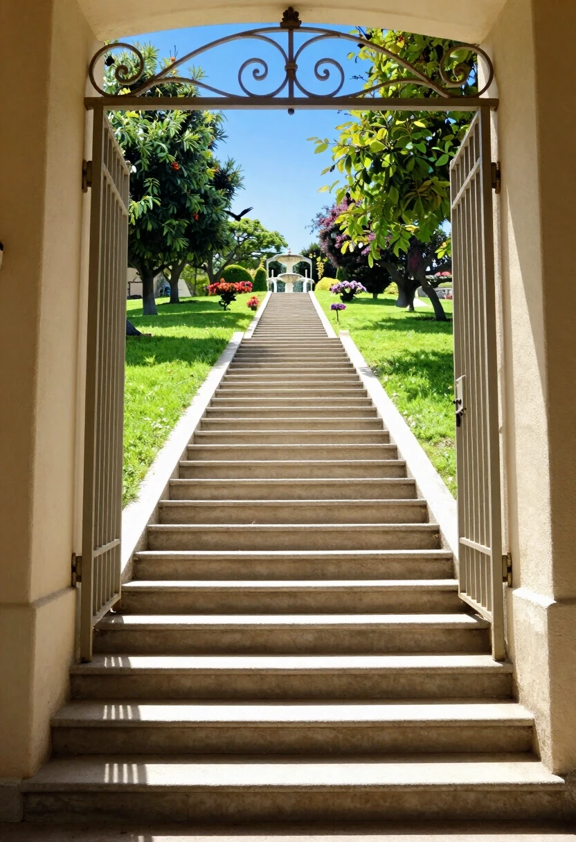 A long, light-colored staircase ascends upwards, into the distance, narrowing. At the top, the staircase abuts a light-colored, wrought-iron gate. Light streams from behind the…