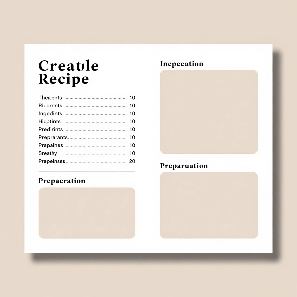 Create a recipe sheet design in an elegant, but modern, maybe rustic-boho style for a recipe book (two versions of the recipe sheet). A5 format. The recipe sheet should have 3…