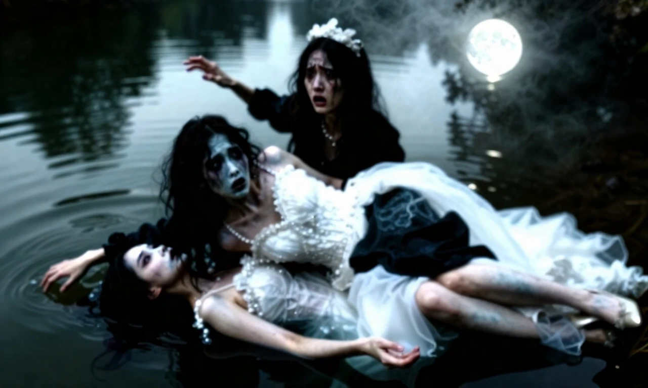 Two girls floating above a lake, one bride in white wedding dress, ghostly and pale; the other alive in dark clothing, scared and reaching out. Mist, moonlight, moody…