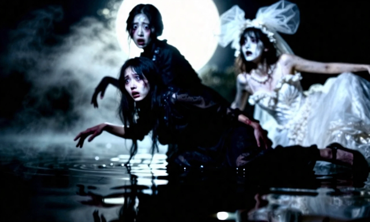 Two girls floating above a lake, one bride in white wedding dress, ghostly and pale; the other alive in dark clothing, scared and reaching out. Mist, moonlight, moody…