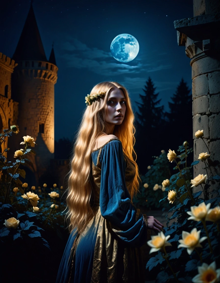 Atmospheric night scene photo. Zlatovlaska standing in a dark, ancient castle garden under the moonlight. Her long golden hair emits a soft, ethereal golden glow, illuminating…