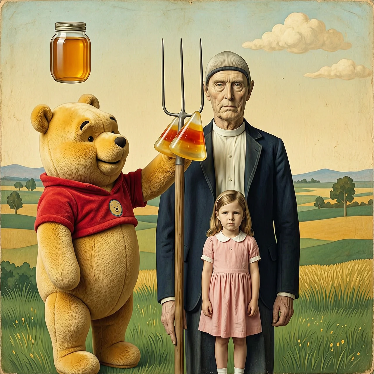 A hilarious and surreal maximalist collage: a giant, life-sized Winnie-the-Pooh plush toy stands in front of Grant Wood's "American Gothic". He is reaching out…
