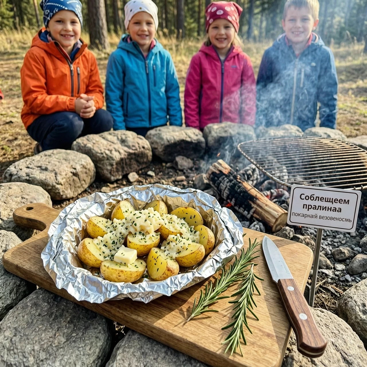«Аппетитная запечённая картошка в слегка раскрытой фольге: видны кусочки сливочного масла, зелень и тёртый сыр. Картошка лежит на деревянной дощечке рядом с походным ножом и…