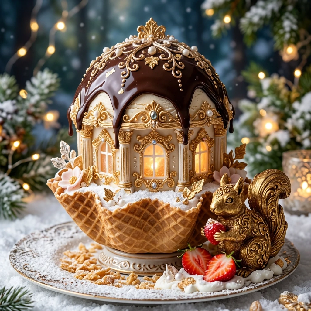 A waffle cup with ice cream in the shape of a chamber. The roof of the chamber is covered with chocolate glaze, the clearing around the chamber is covered with snow. Snow is…