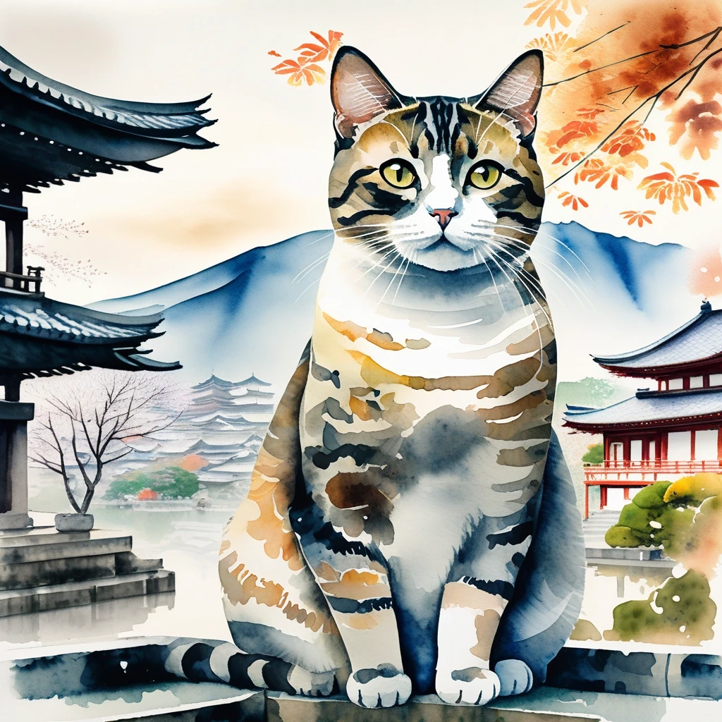 A masterpiece. The painting is done in watercolors. (Double exposure:1.8). (Portrait of a fabulously beautiful cat:1.8). In the background, there are views of Japan at that…