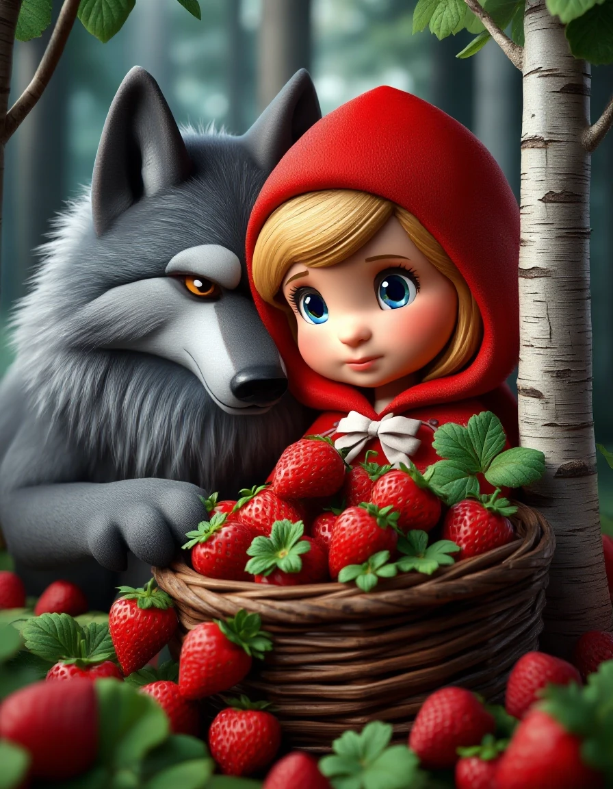 A masterpiece. Create an image. Three-dimensional image: ((Little Red Riding Hood in a red beret):1.6 and (A gray Wolf with sly, sly eyes)1.6 :ripe strawberries are harvested in…