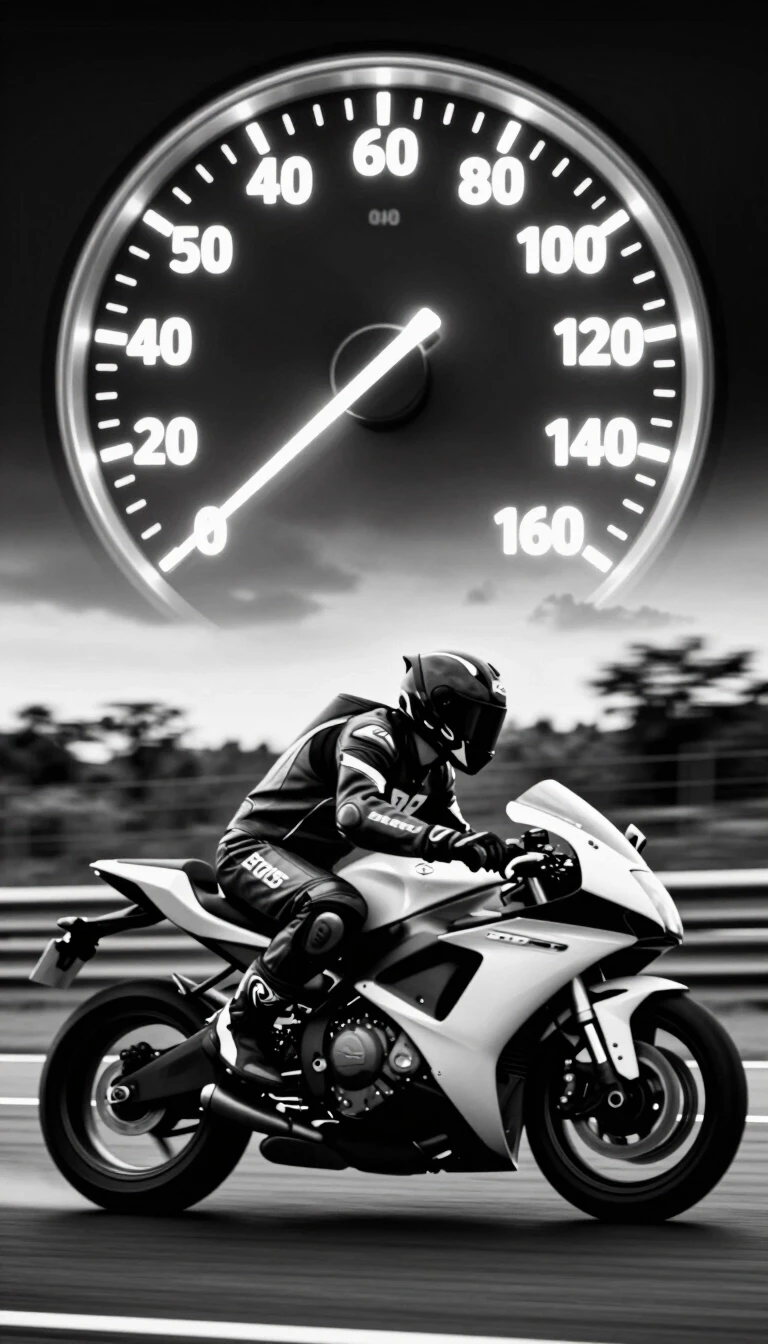 A striking black-and-white, high-speed shot of a motorcyclist on a racetrack; superimposed at the top of the frame is a large, glowing speedometer showing ascending…