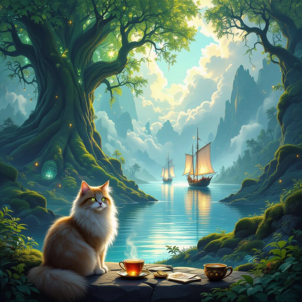 Epic fantasy digital painting, a magical glowing forest with towering ancient trees with bioluminescent leaves, lush green moss, and floating glowing spores. In the distance, a…