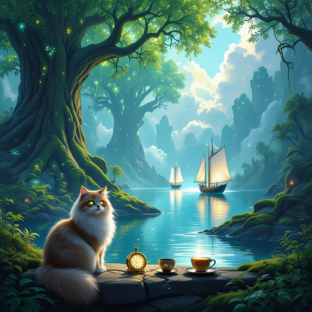 Epic fantasy digital painting, a magical glowing forest with towering ancient trees with bioluminescent leaves, lush green moss, and floating glowing spores. In the distance, a…