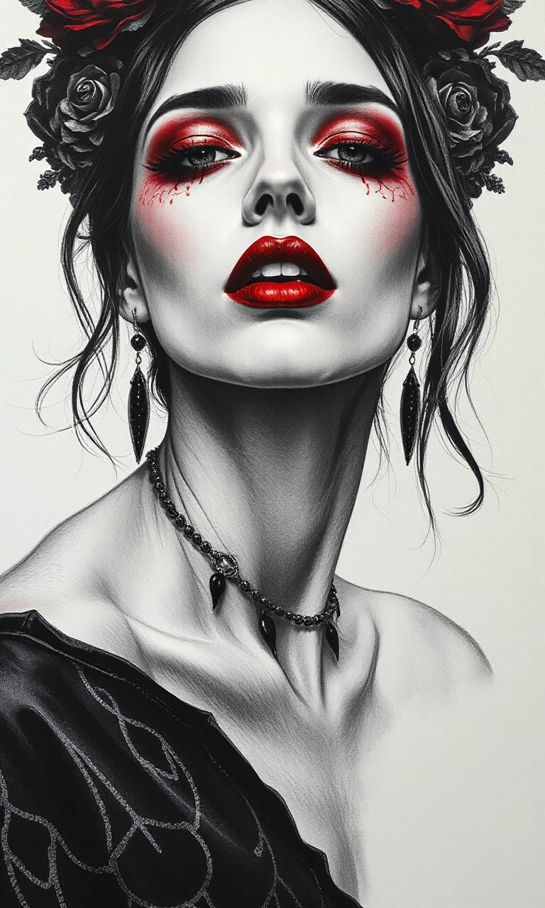 Aesthetics of black, red and white colors: An exquisite, sophisticated female image. Surrealism, fantasy, dark esotericism. Drawing details, techniques, and stylistics. — работа…