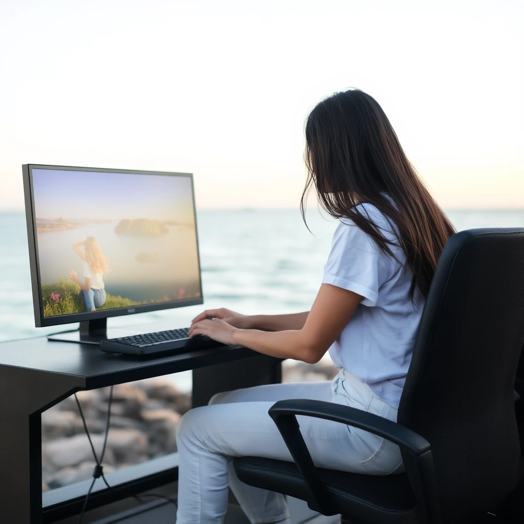 Woman playing a computer game. Dark long hair, white jeans, white t-shirt. Nature. Sea — работа пользователя Могущественный Танец