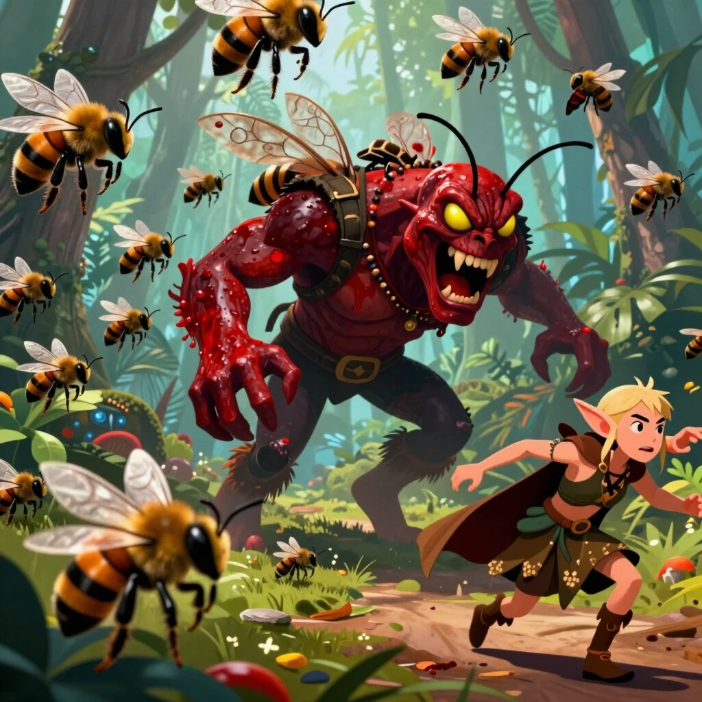 In the tropical forest, a huge bloodthirsty swarm of bees is chasing a forest elf, who is fleeing in terror, The Elder Scrolls Universe, жанр дарк фэнтези — работа пользователя…