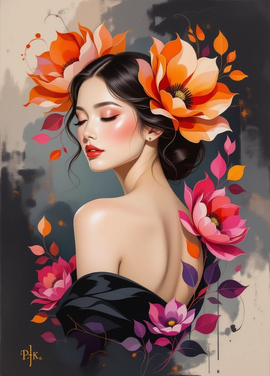 A mixed-media fine art portrait of a beautiful woman viewed from behind in soft profile, her eyes gently closed in calm introspection, with pale porcelain-like skin that glows…