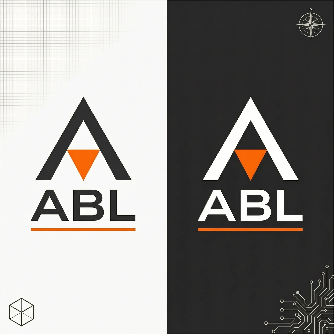 Modern logo for an engineering company ABL. A stylized letter A made from three sharp triangles. Use a technical, clean look. Color palette: dark charcoal gray and bright…
