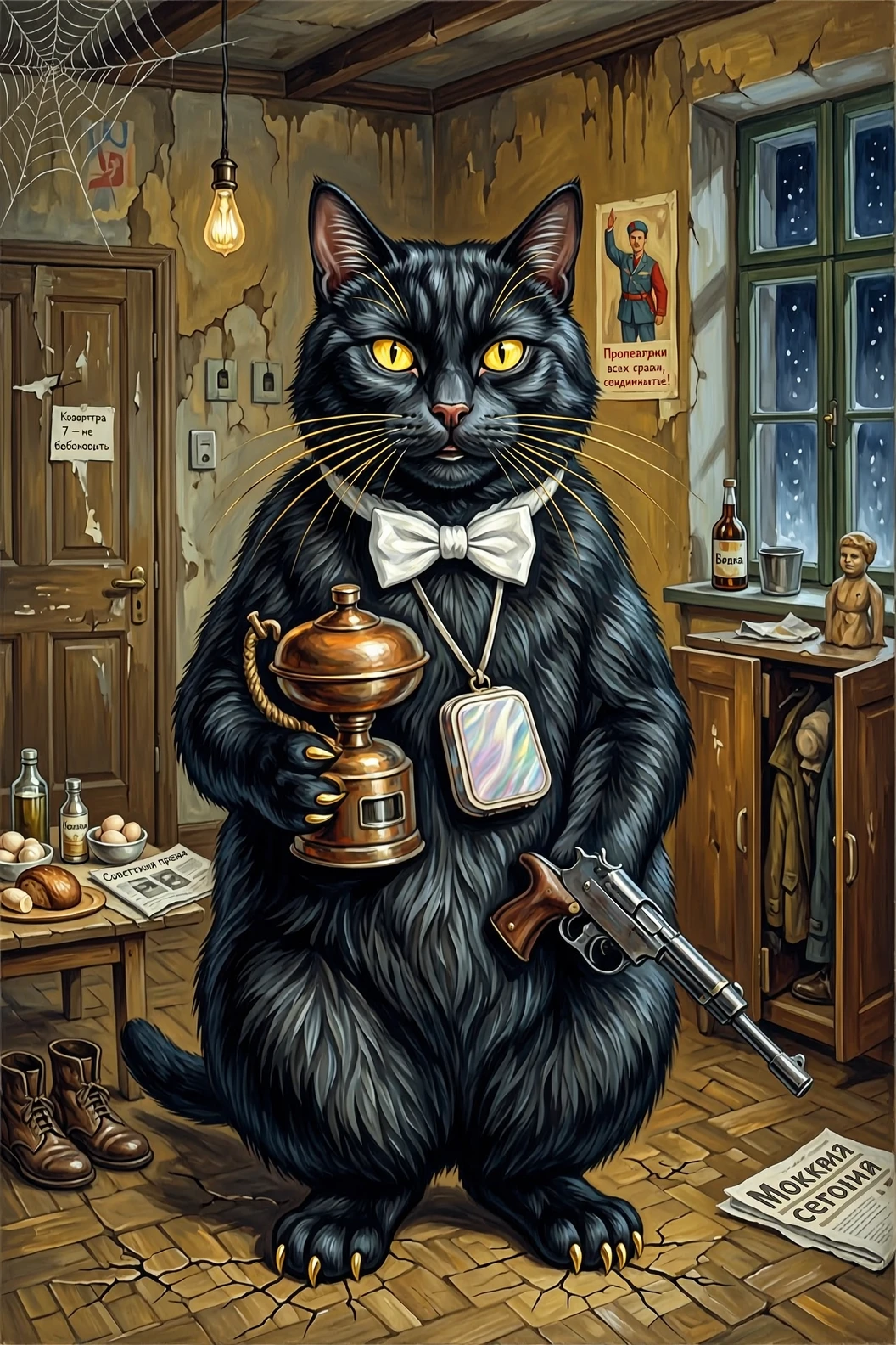 Огромный чёрный кот размером с кабана, жирный, тяжёлый. Стоит на задних лапах. Шерсть чернее сажи, отчаянные кавалерийские усы, круглая голова, острые уши, пухлые лапы. На шее —…