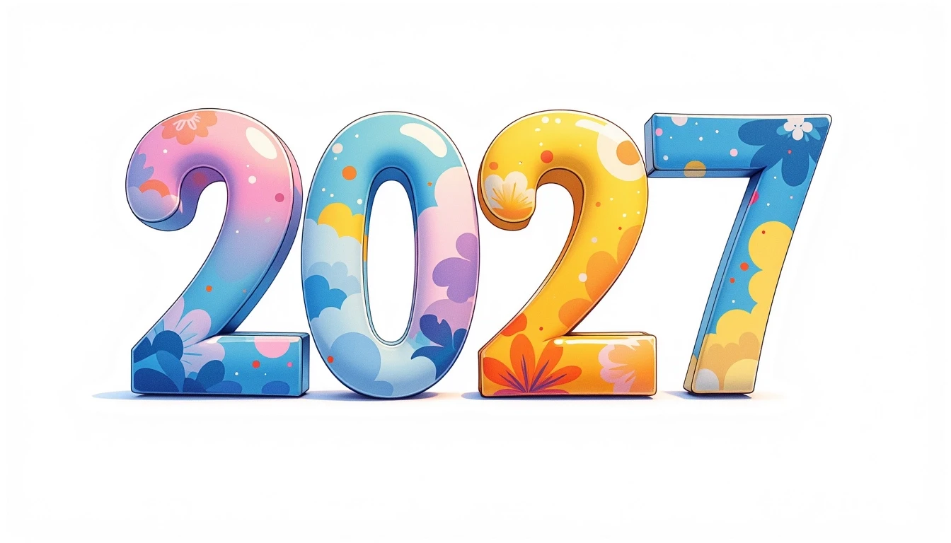 17) Крупные, чёткие объёмные цифры «2027» на изолированном чистом белом фоне. Каждая цифра «2», «0», «2», «7» написано идеально правильно и разборчиво. Мягкие округлые формы.…