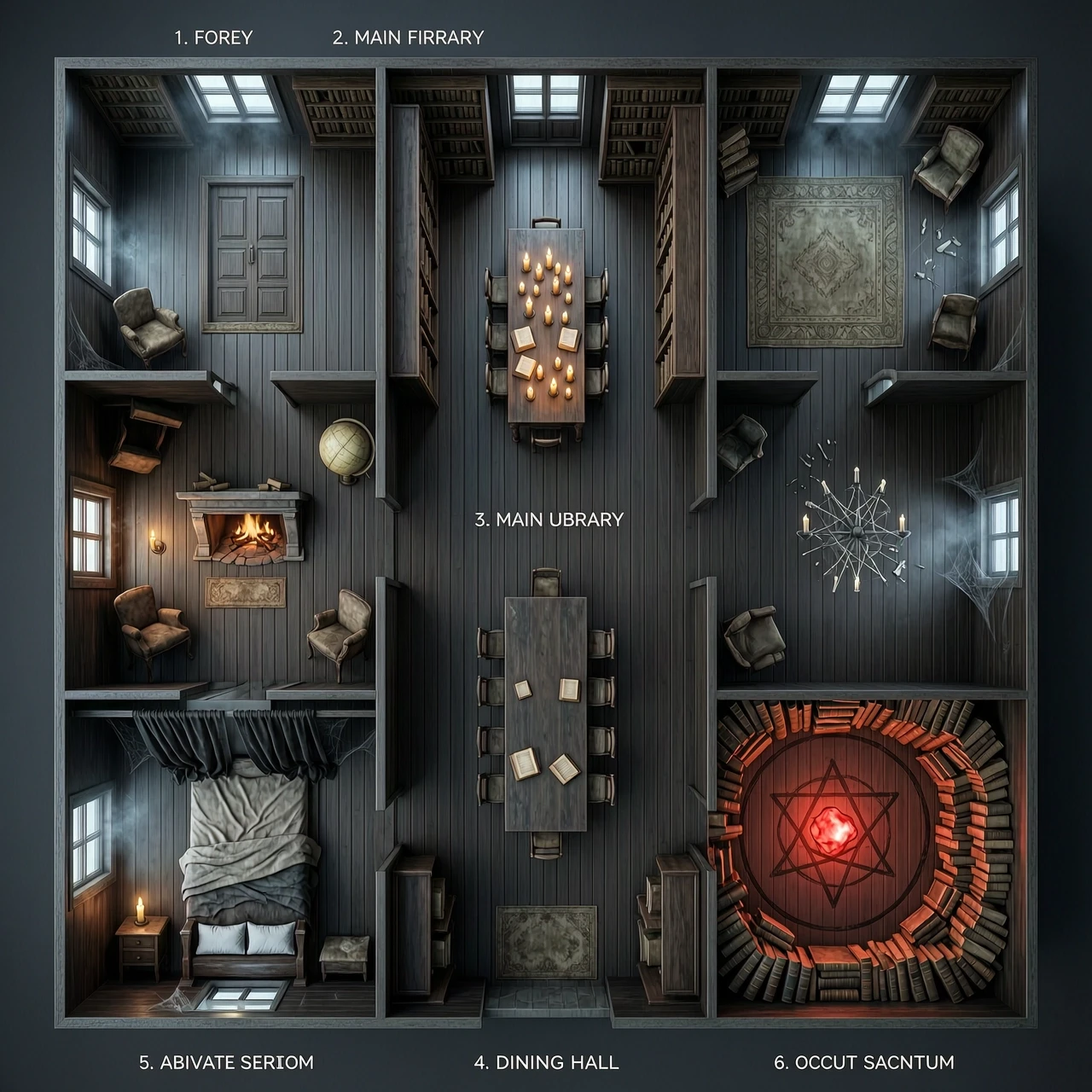 Photorealistic 3D architectural rendering, strict top-down 90-degree overhead view, looking straight down at a massive dark haunted gothic library mansion. The layout shows a…