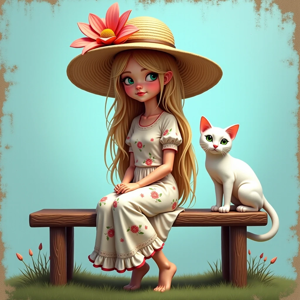 The image is a digital art piece that features a young woman with long blonde hair and a large straw hat with a large flower on top. She is wearing a white dress with a floral…