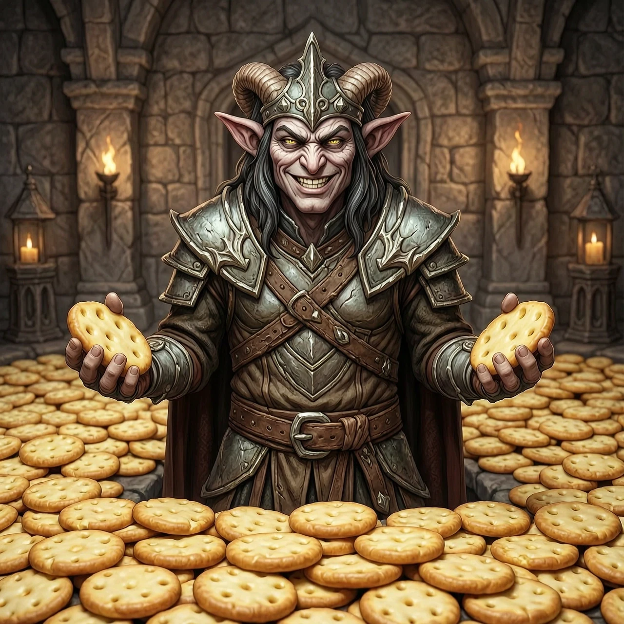 Mad Daedra Prince Sheogorath in his familiar appearance from The Elder Scrolls, surrounded by a huge number of cheese circles. Rejoices and grins at the same time. Соотношение…