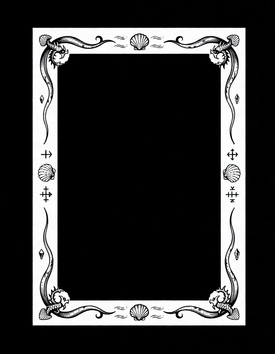 An elegant decorative frame for a fantasy book dictionary of an ancient underwater civilization. Pure white background. Fine black ink engraving, vintage scientific-book…