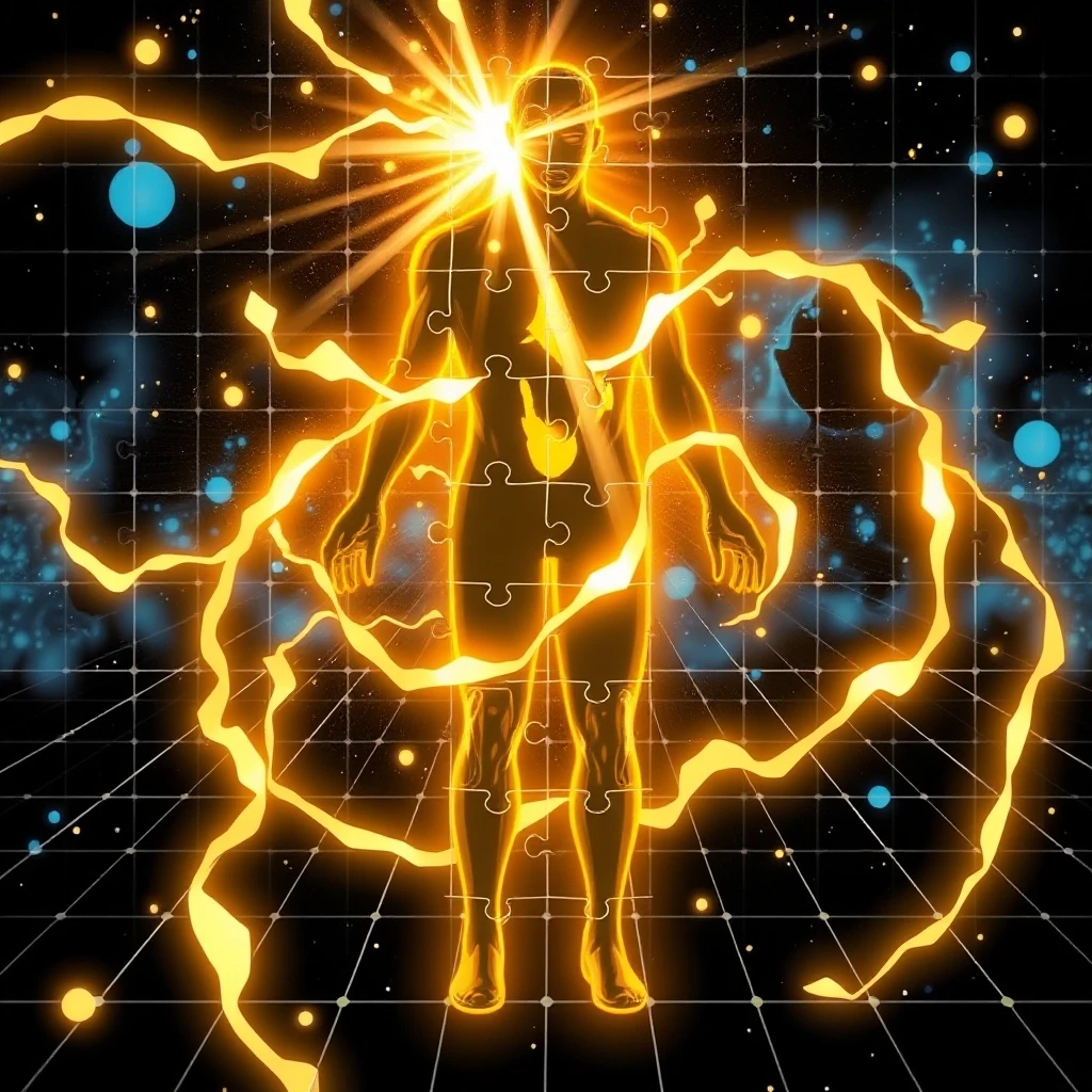 A human figure reassembling from puzzle pieces of light. Each piece floats into place, forming a glowing whole. The background is a cosmic grid of energy. Style: sci-fi comic…