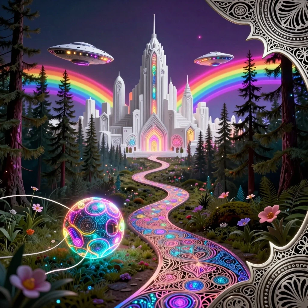 Background: a winding path leading from the forest to a white city. In the middle and far distance, a street in a futuristic ornamental white city with a (thrilling triphobic)…