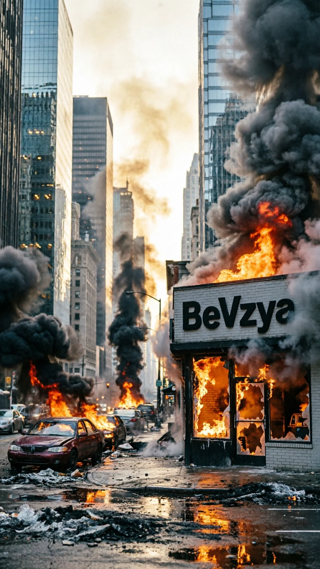 большой американский город небоскребы кафе с названием из 6 букв "BeVzya" машины горят много дыма кафе горит — работа пользователя Ясный Лепесток