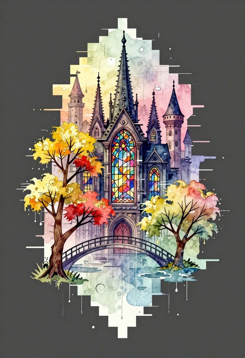 A watercolor painting is a logo or tattoo on a dark gray background with a gradient. Art Deco. A vertical composition with a striking glitch effect. Visible texture of the…