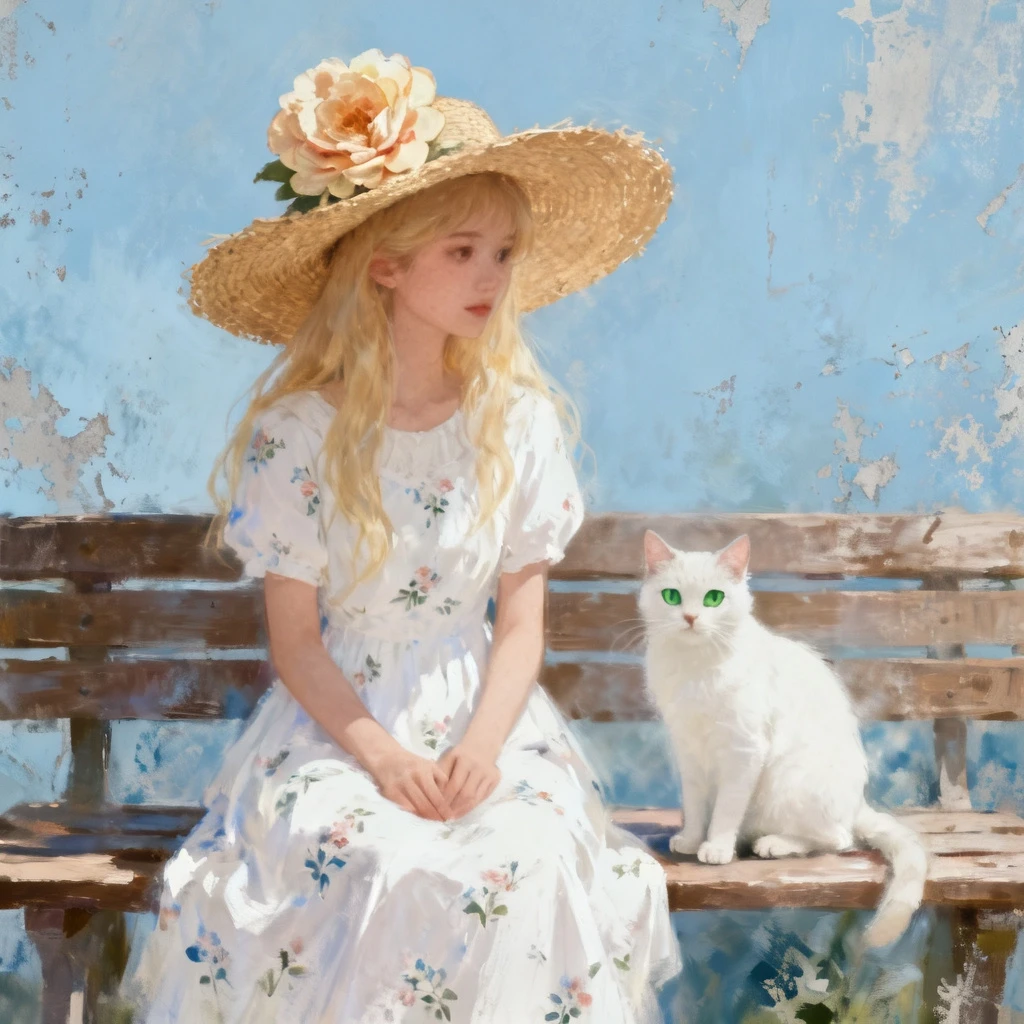 The image is a digital art piece that features a young woman with long blonde hair and a large straw hat with a large flower on top. She is wearing a white dress with a floral…