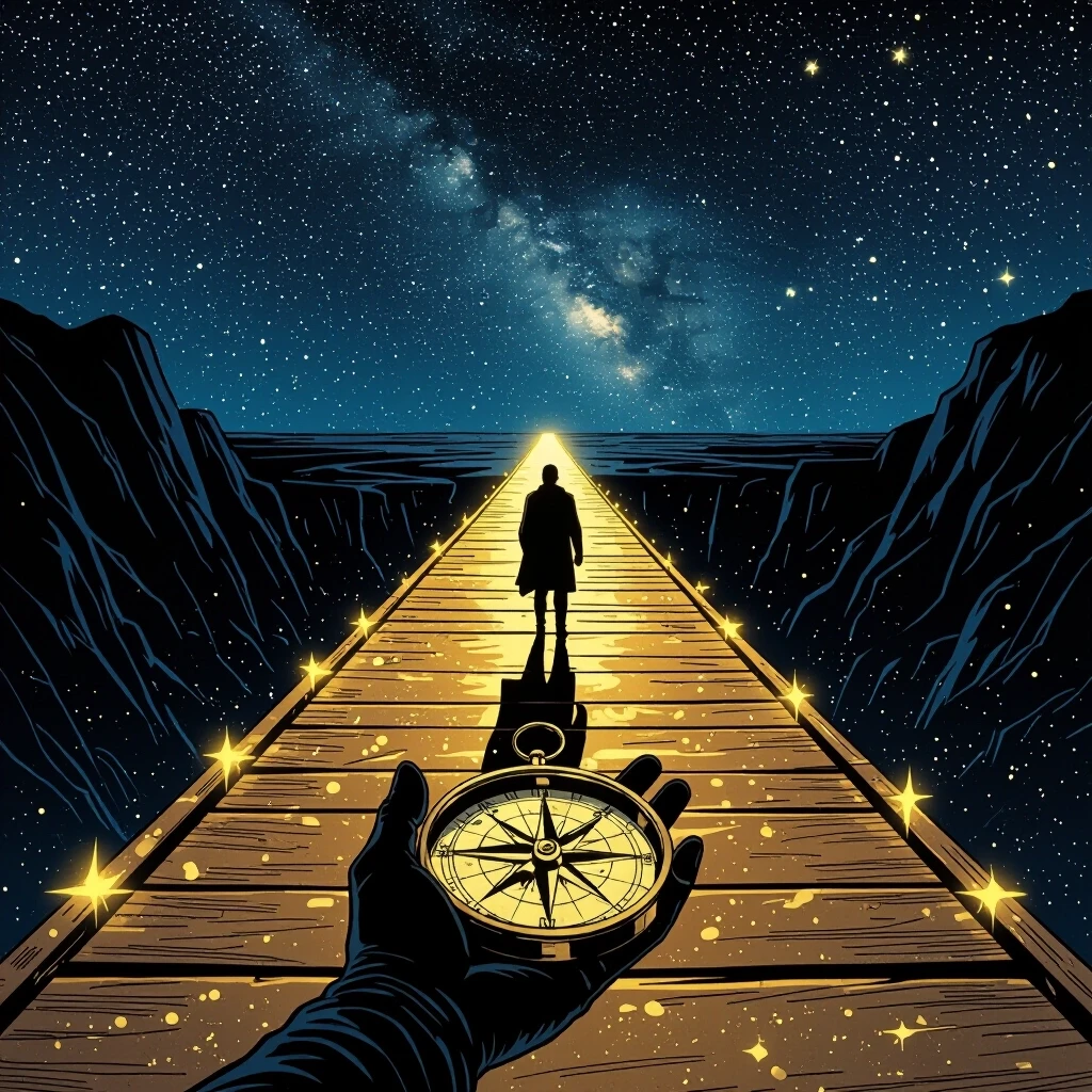 A lone figure standing on a narrow bridge stretching across an endless starry abyss. A compass in their hand points forward. The bridge is made of golden light. Style: epic…