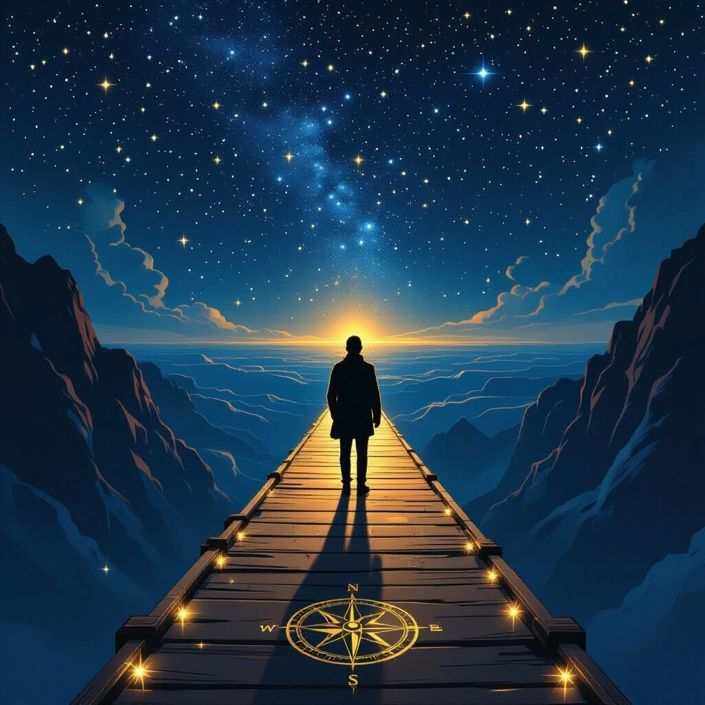 A lone figure standing on a narrow bridge stretching across an endless starry abyss. A compass in their hand points forward. The bridge is made of golden light. Style: epic…
