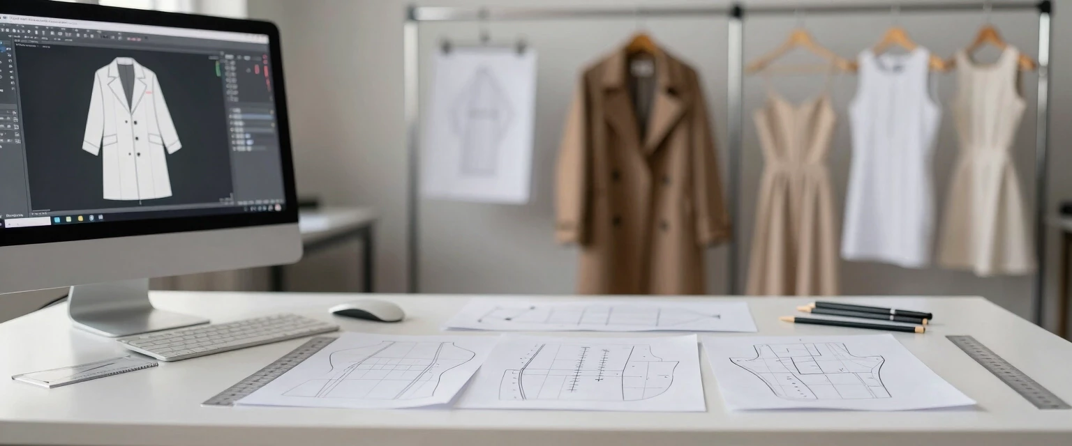 Photorealistic, frontal view of a clothing pattern design bureau. Foreground: a matte white desk with neatly arranged paper sewing patterns, transparent plastic drafting rulers…