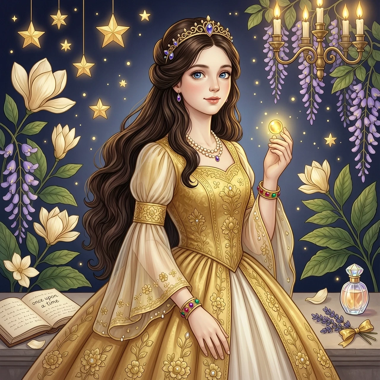 Create an artwork of a character — a girl, fairy‑tale-like, with long dark chocolate hair, blue eyes, a luxurious golden dress, soft lighting, and high detail. — работа…