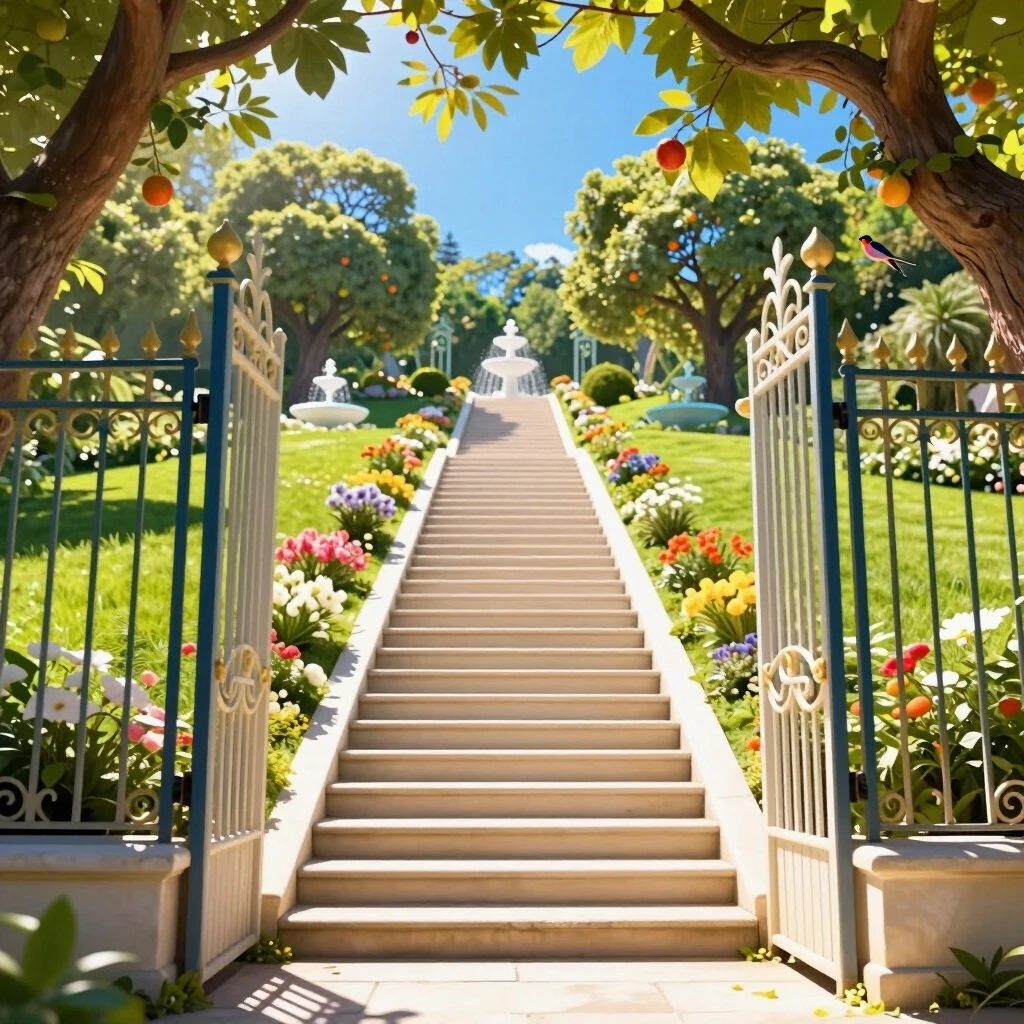 A long, bright staircase ascends, narrowing. The staircase leads to paradise. Eden is enclosed by a wrought-iron fence with bright, wrought-iron gates. Light streams from behind…