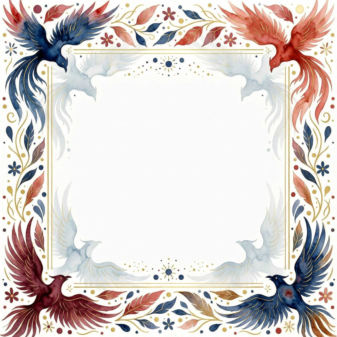 A beautiful watercolor border for a postcard, abstract firebird shape, soft red, gold and deep blue colors, artistic paint splashes, delicate gold lines, empty center for text,…