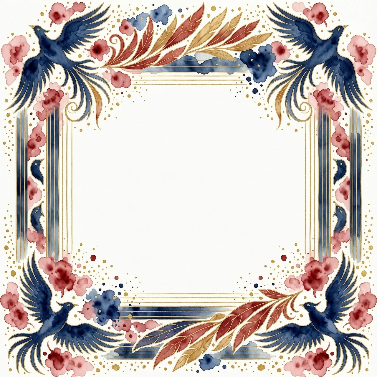A beautiful watercolor border for a postcard, abstract firebird shape, soft red, gold and deep blue colors, artistic paint splashes, delicate gold lines, empty center for text,…